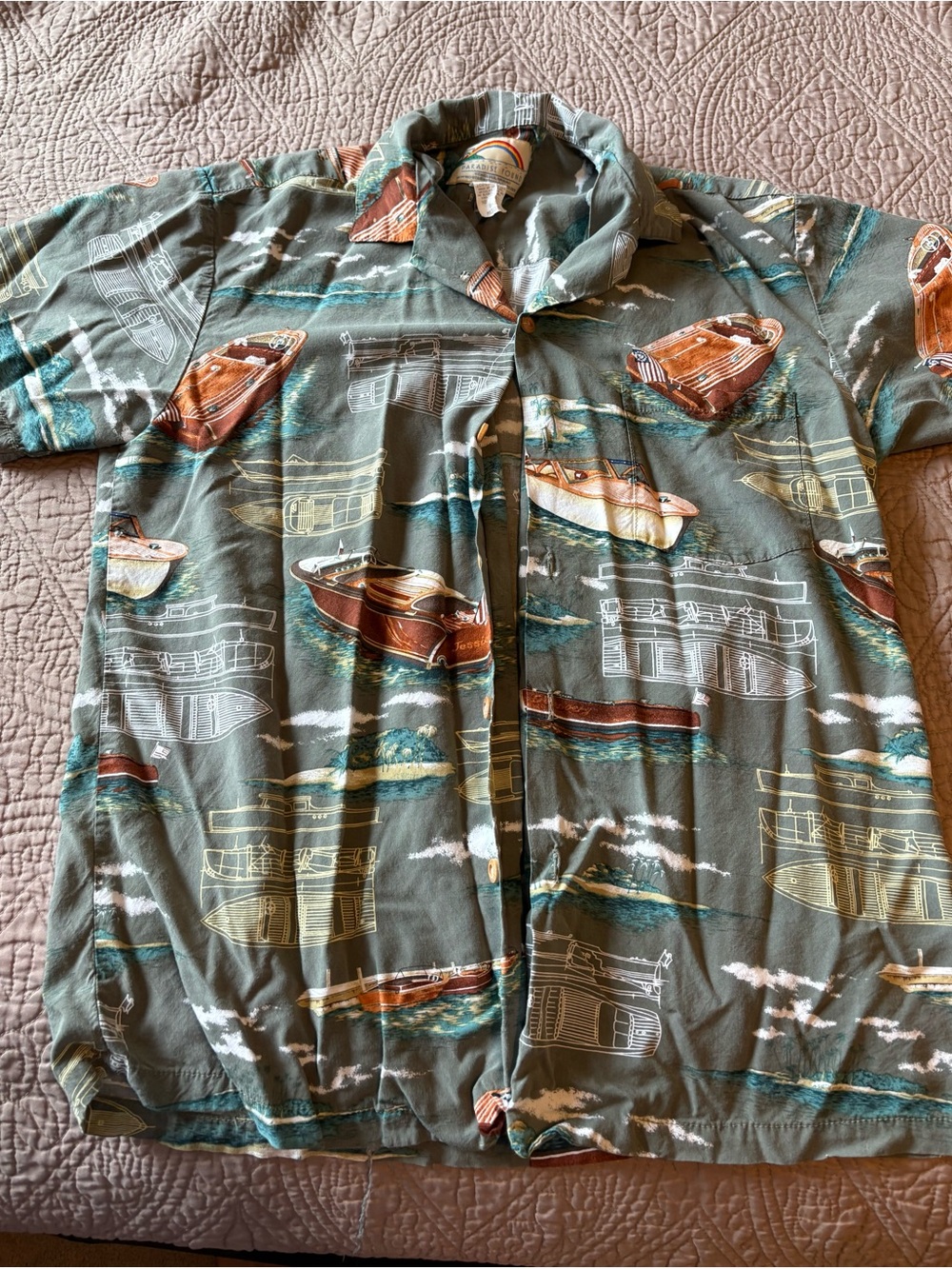 Casual Short-Sleeve Boat Print Button-Down Shirt - Green